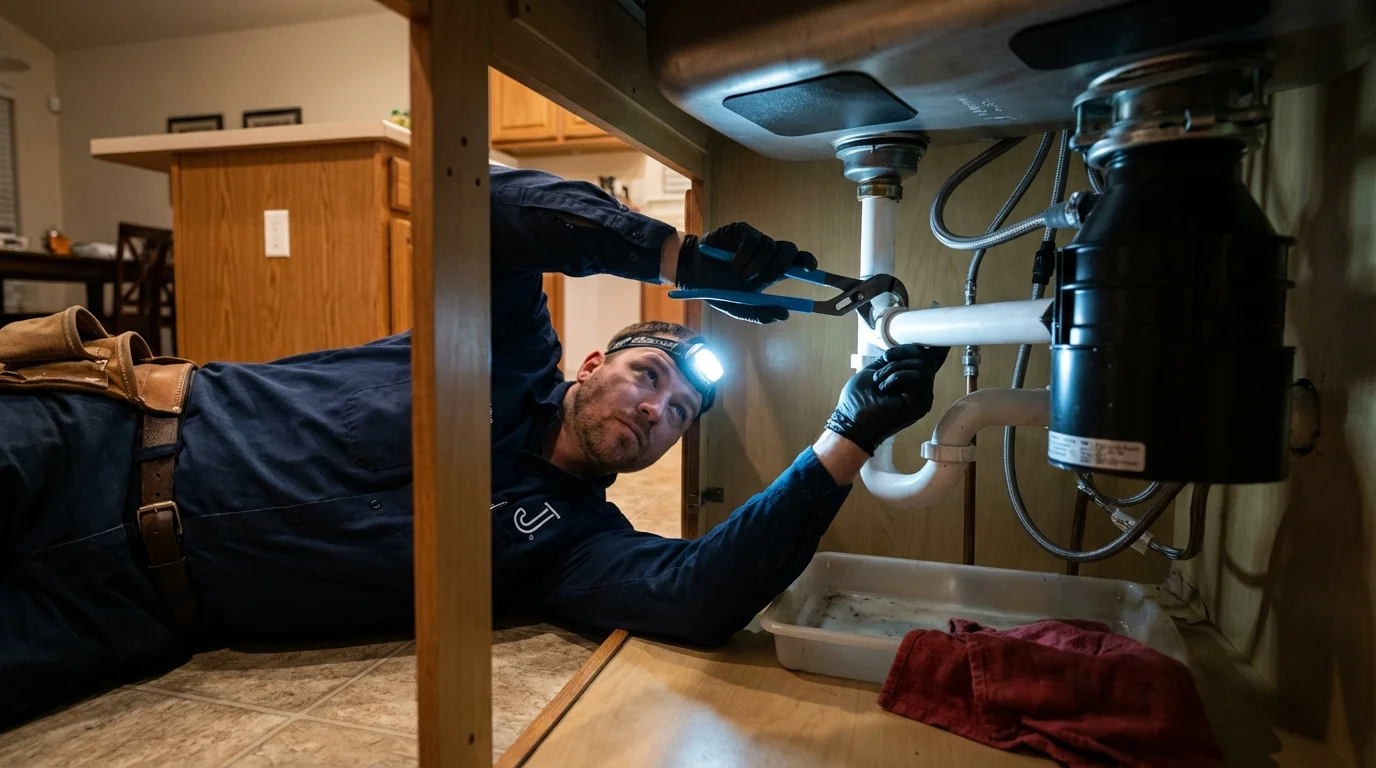 P-trap and supply line connections under a kitchen sink showing a common leak point in Plainfield, IL